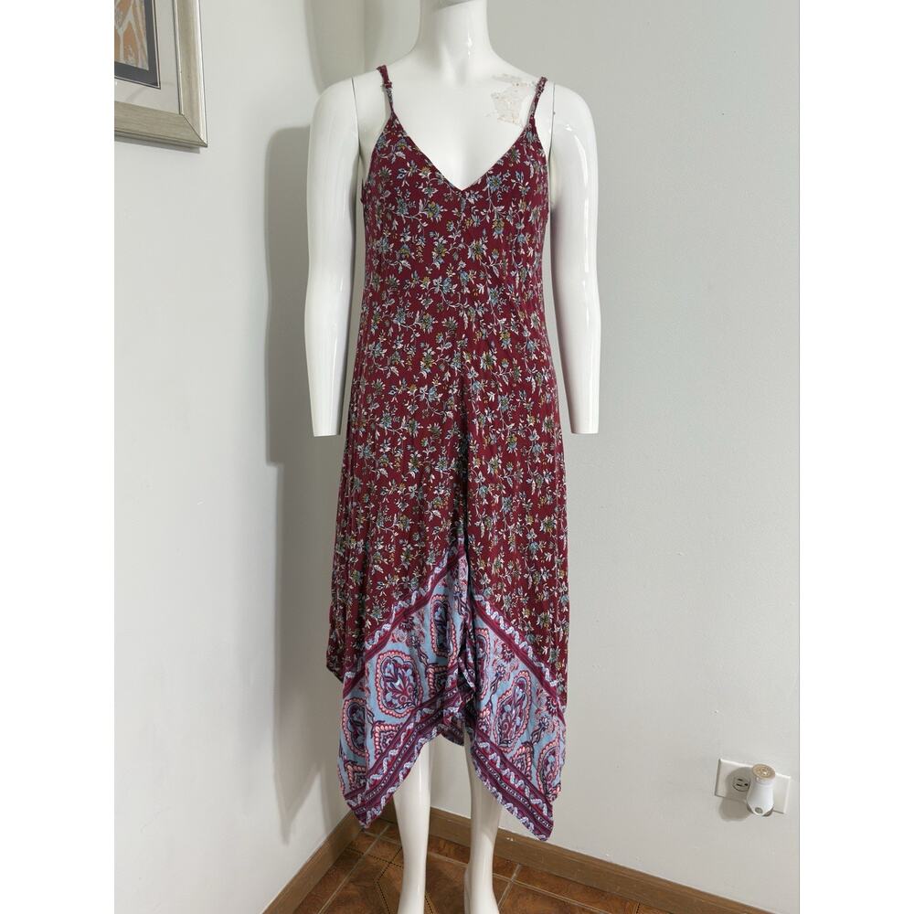 Chigant Paisley Floral V-Neck Sun Dress Asymmetrical Boho Beachy Coastal Size M